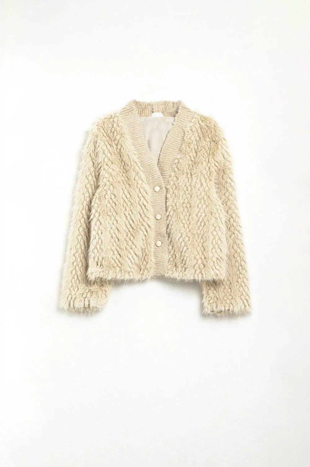 Cropped Jacket  fine faux fur in beige Q2 Free Duties for US & UK