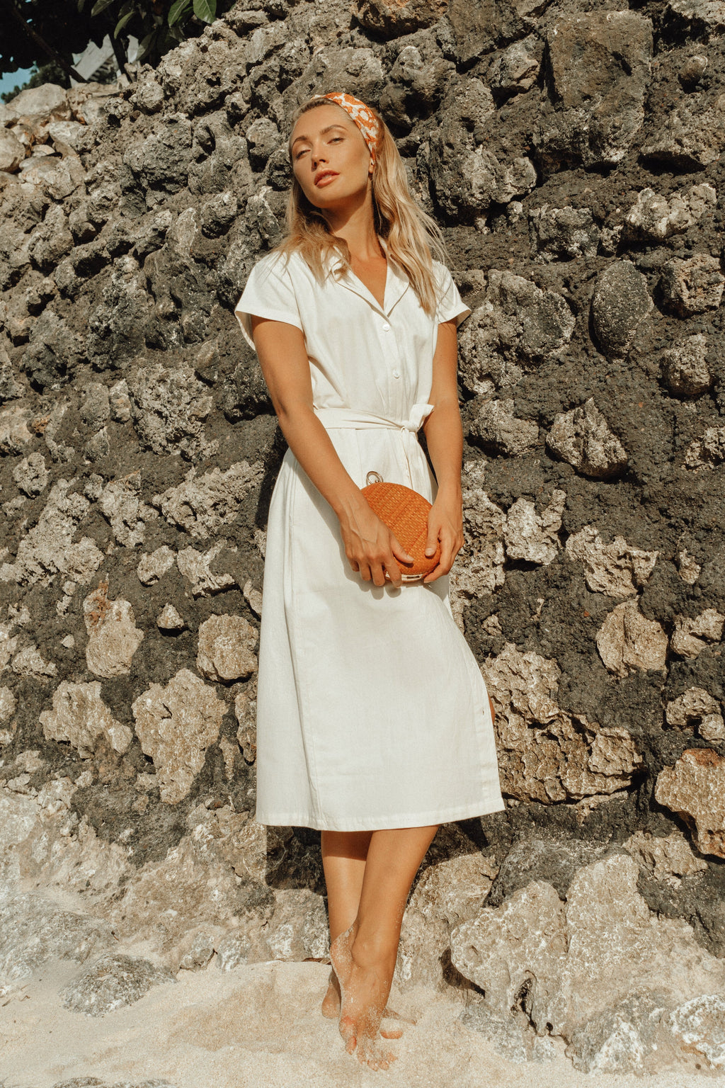 Linen ARYA Safari Linen Midi Dress In Off White