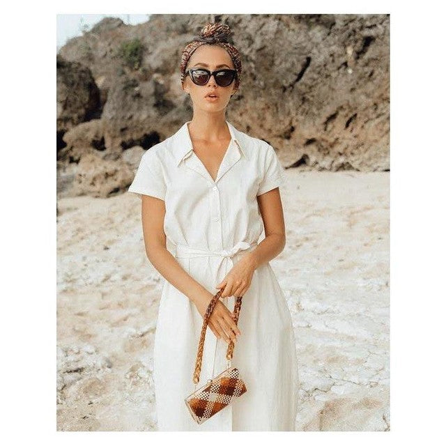 Linen ARYA Safari Linen Midi Dress In Off White