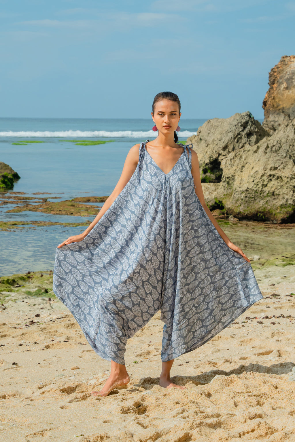Leaf Print Romper - Grey & White