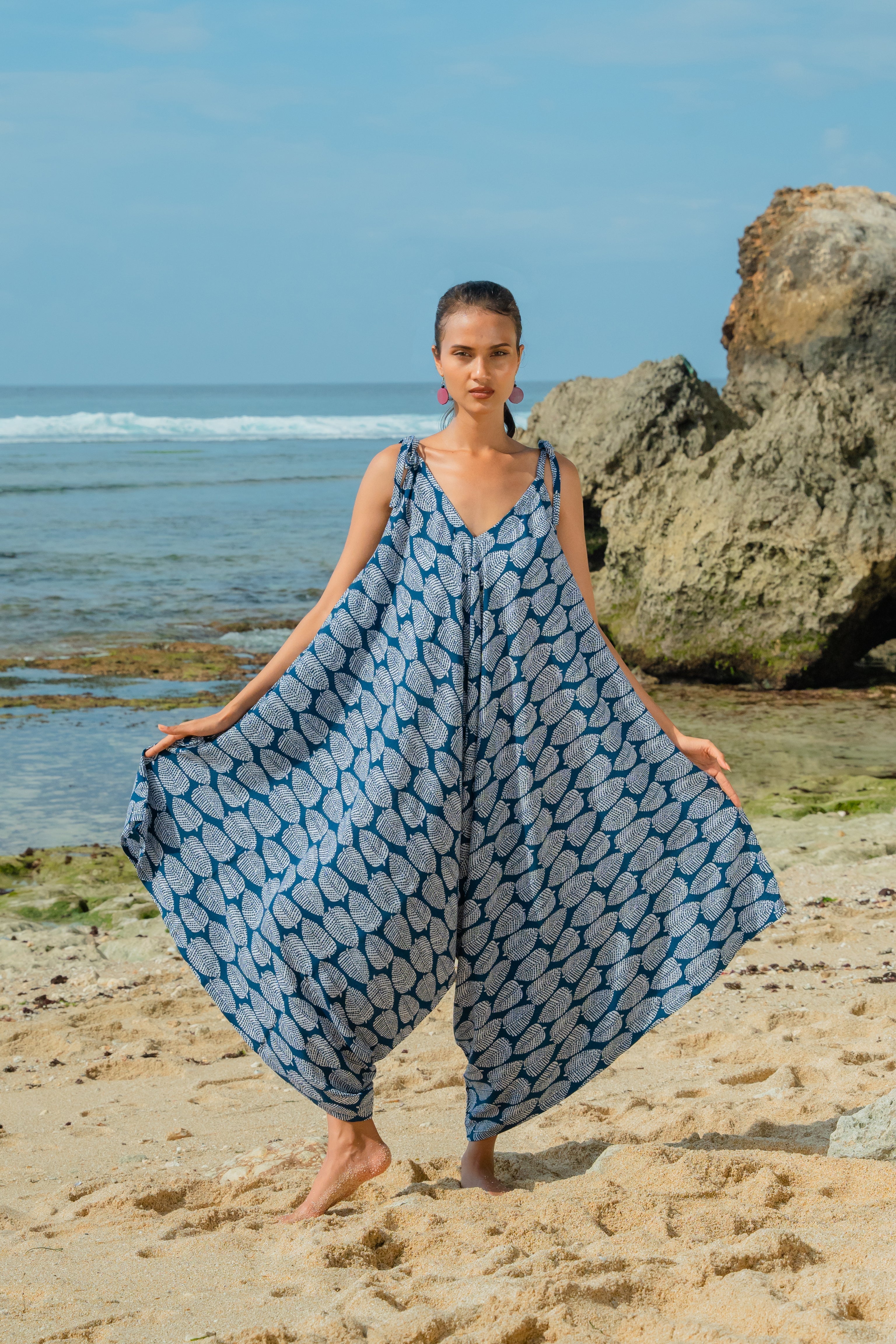 Leaf Print Romper - Navy & White
