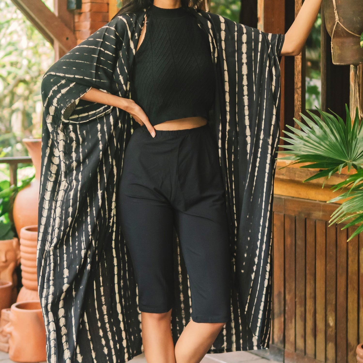 Black & White Tie Dye Long Kimono