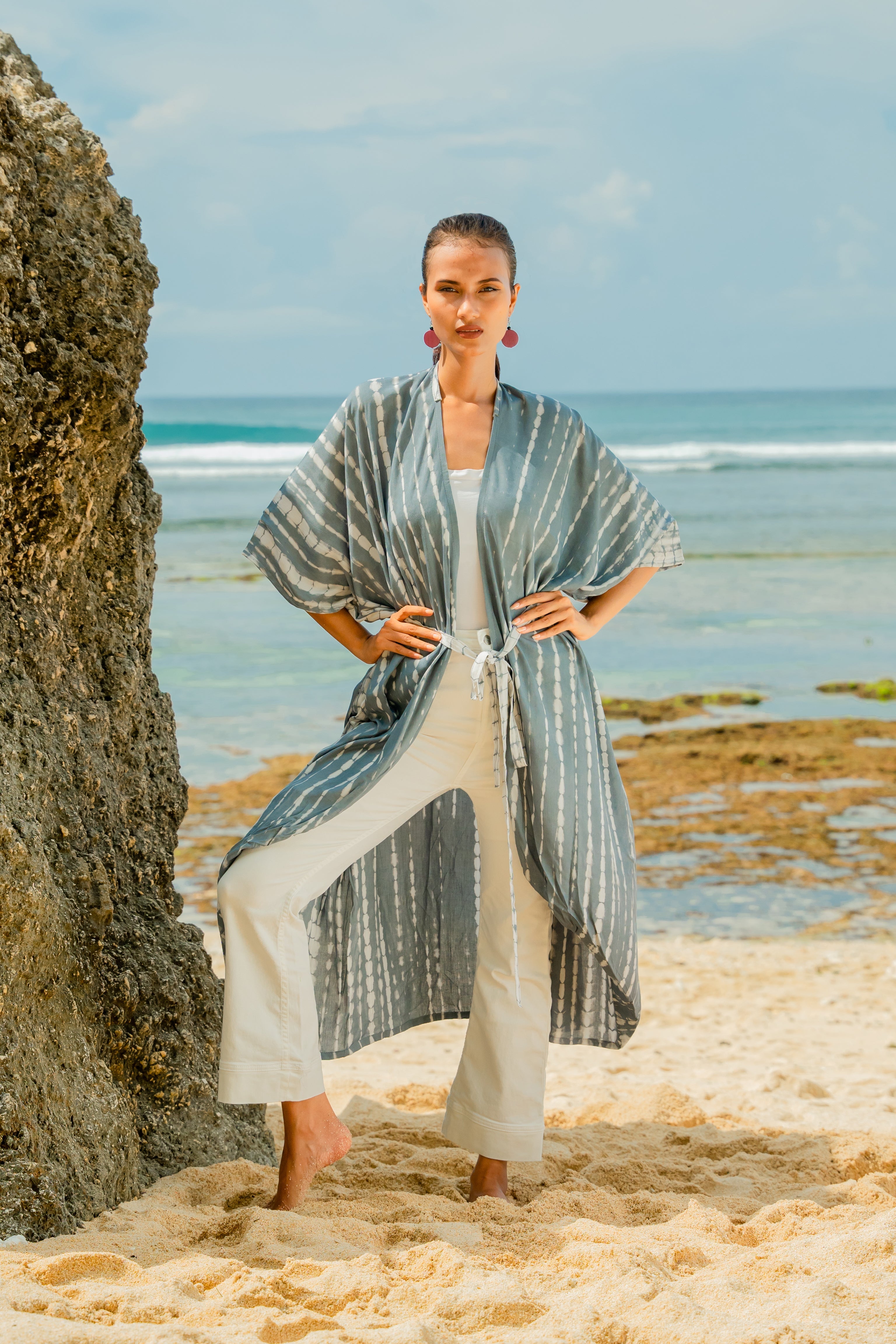 Bone Tie Dye Kimono - Grey & White
