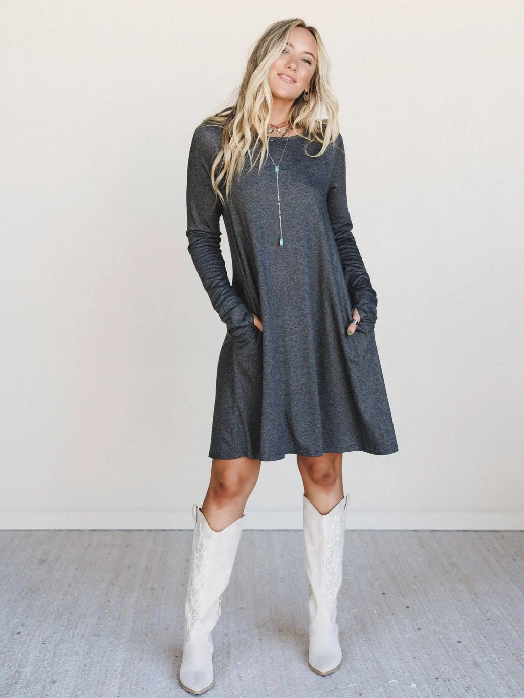 Jake Long Sleeve Crewneck Dress - Charcoal: Charcoal / M Three Bird Nest