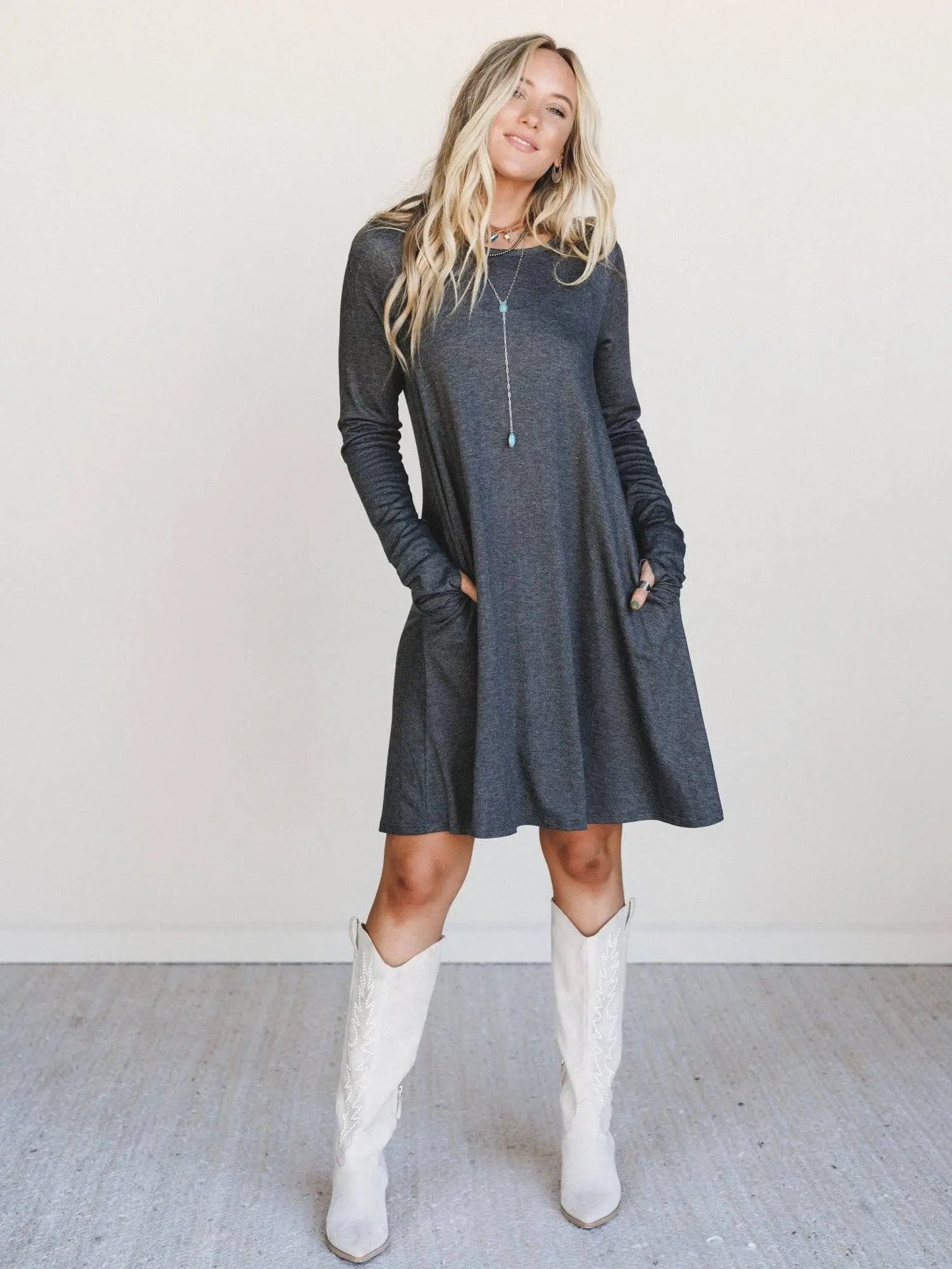 Jake Long Sleeve Crewneck Dress - Charcoal: Charcoal / M Three Bird Nest