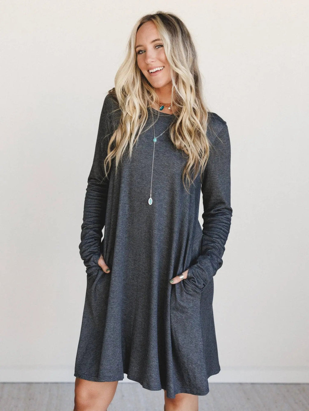 Jake Long Sleeve Crewneck Dress - Charcoal: Charcoal / M Three Bird Nest